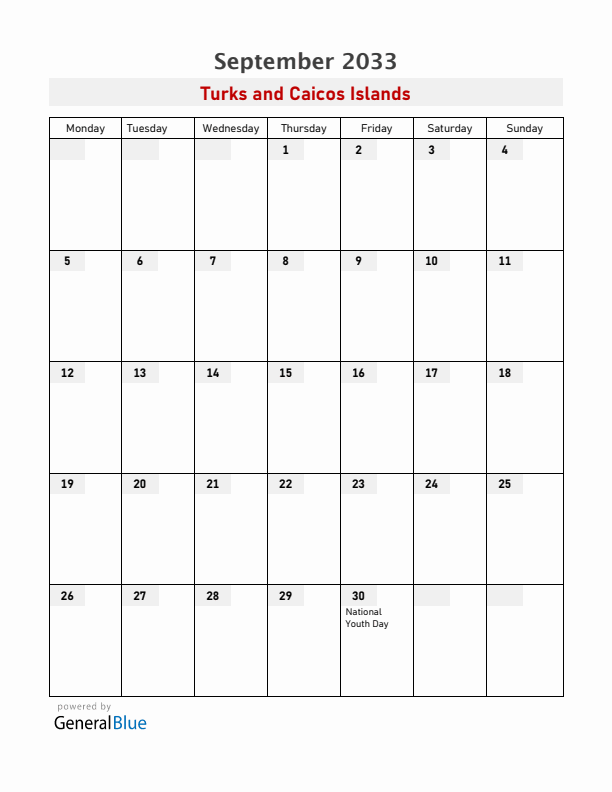 Turks and Caicos Islands September 2033 Calendar with Holidays