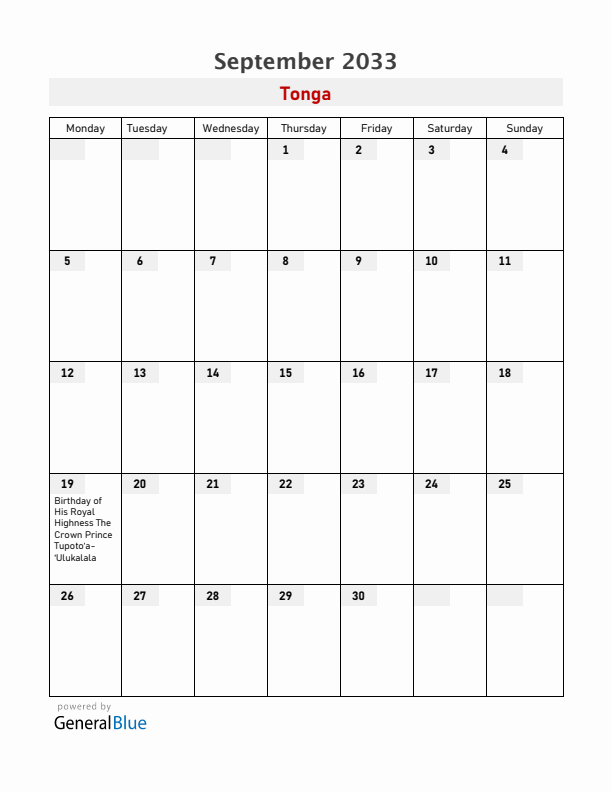 Tonga September 2033 Calendar with Holidays