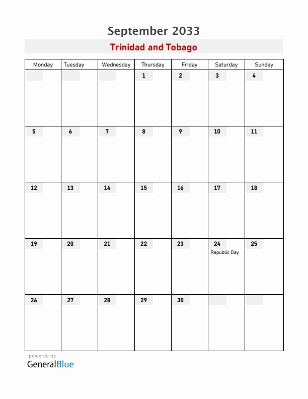 Trinidad and Tobago September 2033 Calendar with Holidays