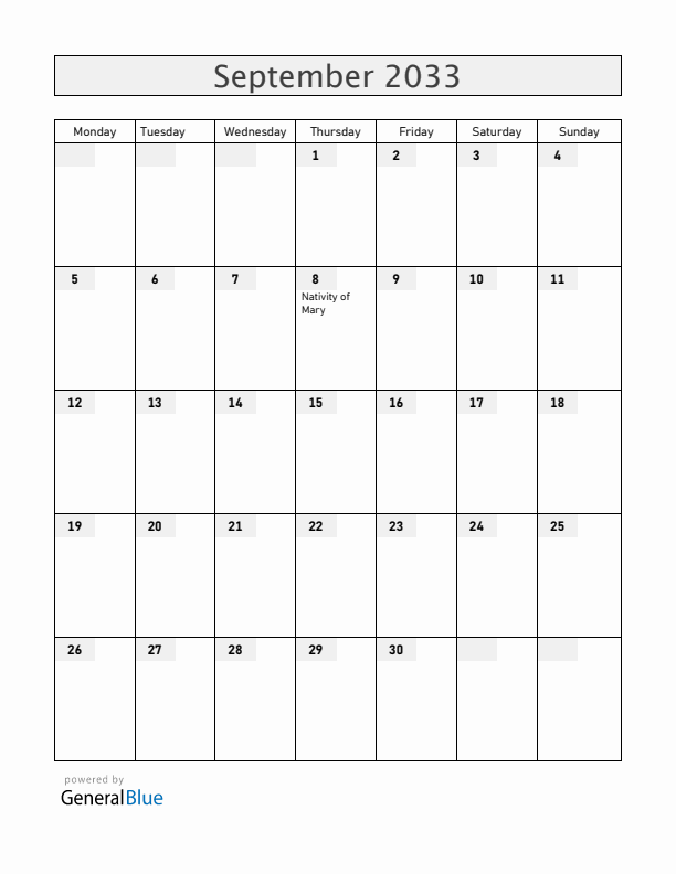 Vatican September 2033 Calendar with Holidays