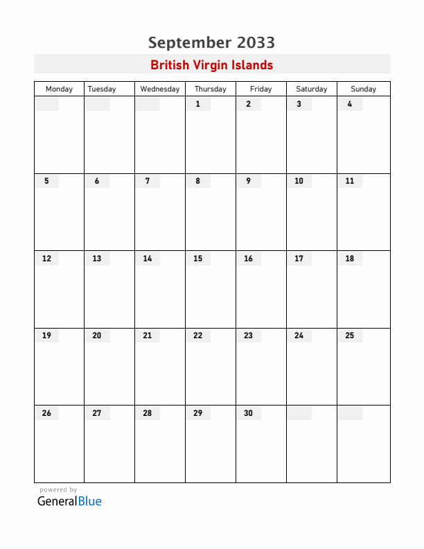 British Virgin Islands September 2033 Calendar with Holidays