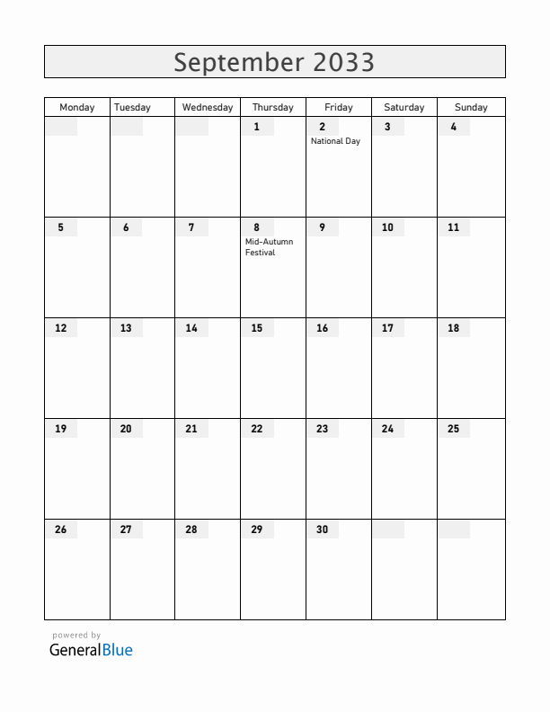 Vietnam September 2033 Calendar with Holidays