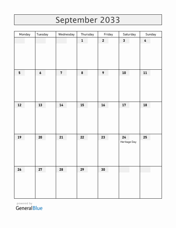 South Africa September 2033 Calendar with Holidays