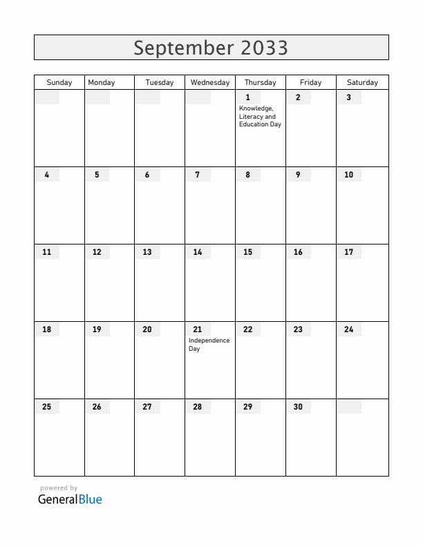 Armenia September 2033 Calendar with Holidays