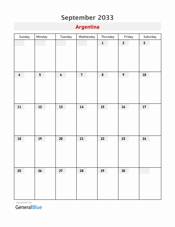 Argentina September 2033 Calendar with Holidays