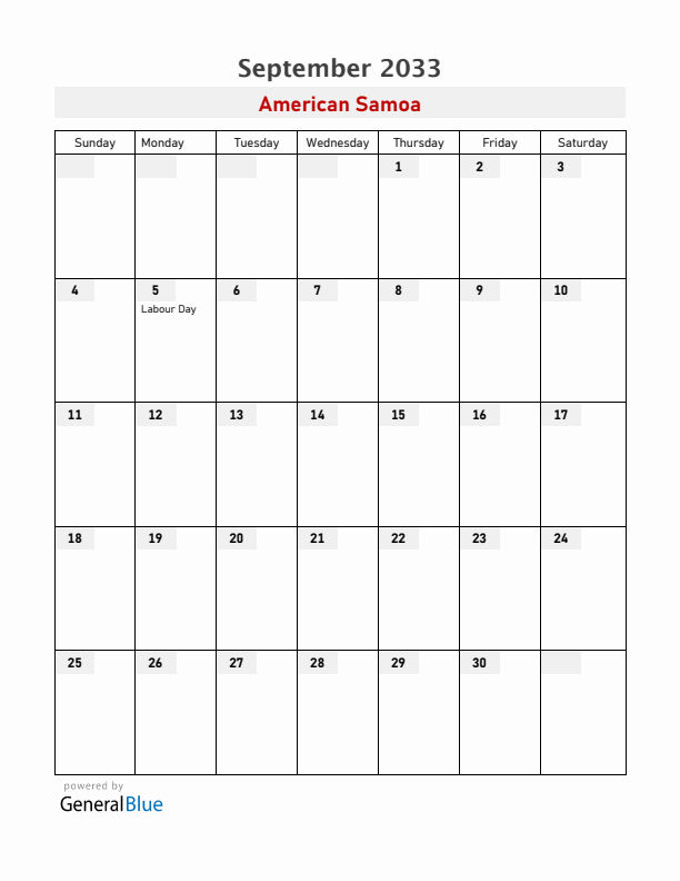 American Samoa September 2033 Calendar with Holidays