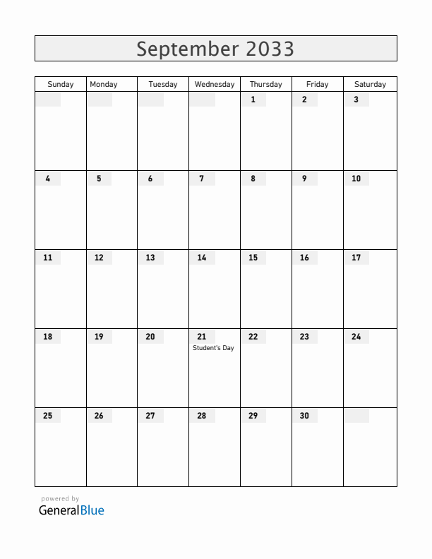 Bolivia September 2033 Calendar with Holidays