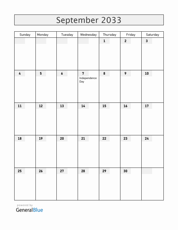 Brazil September 2033 Calendar with Holidays