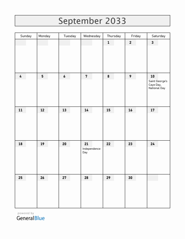 Belize September 2033 Calendar with Holidays