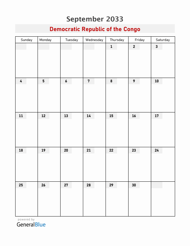 Democratic Republic of the Congo September 2033 Calendar with Holidays
