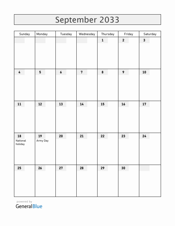 Chile September 2033 Calendar with Holidays