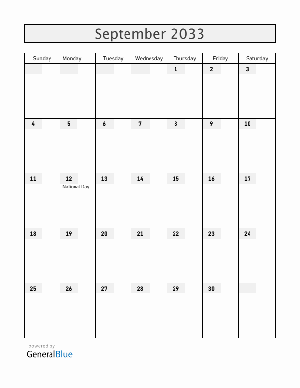 Cabo Verde September 2033 Calendar with Holidays