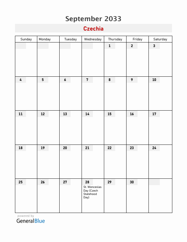 Czechia September 2033 Calendar with Holidays