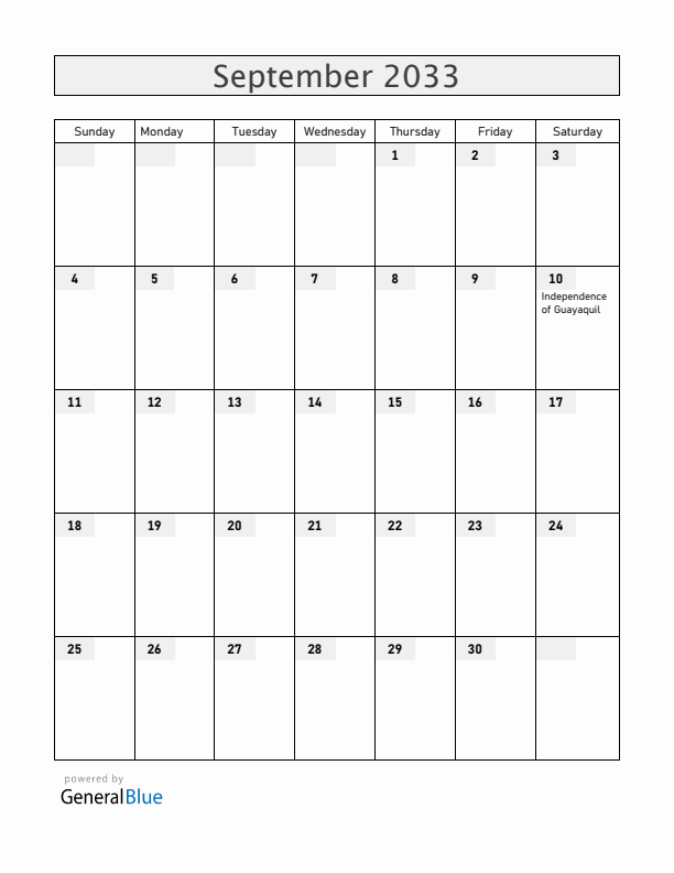 Ecuador September 2033 Calendar with Holidays