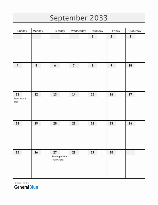 Ethiopia September 2033 Calendar with Holidays