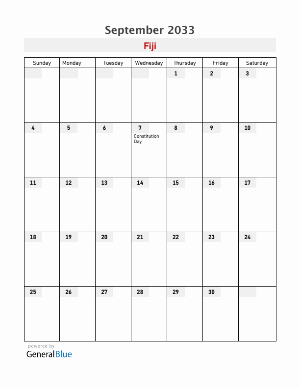 Fiji September 2033 Calendar with Holidays