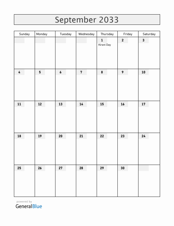 Grenada September 2033 Calendar with Holidays