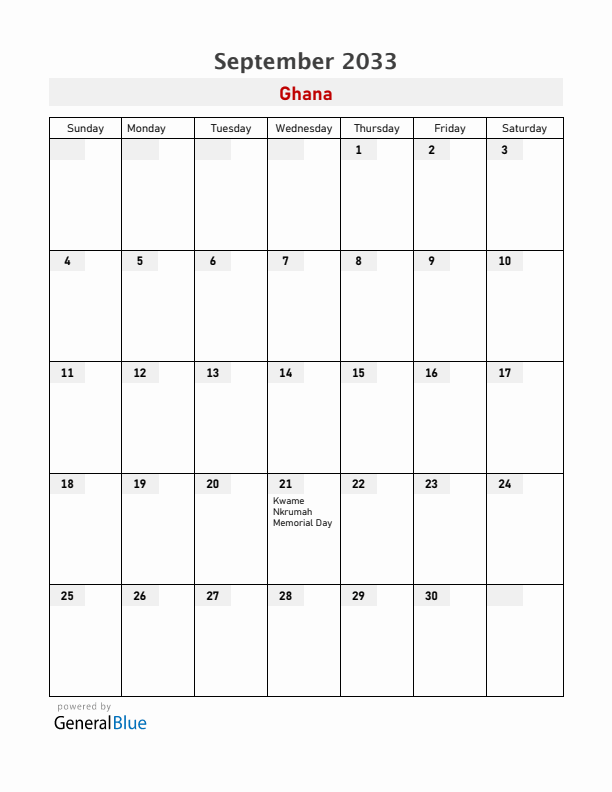 Ghana September 2033 Calendar with Holidays