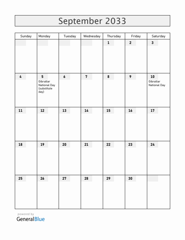 Gibraltar September 2033 Calendar with Holidays