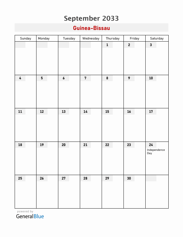 Guinea-Bissau September 2033 Calendar with Holidays