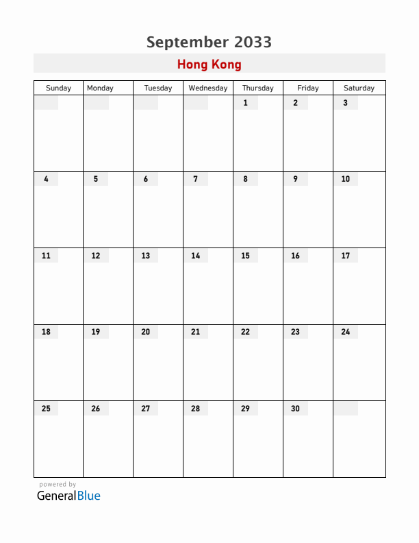 Hong Kong September 2033 Calendar with Holidays