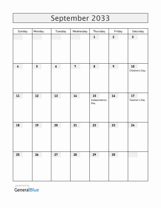 Honduras September 2033 Calendar with Holidays