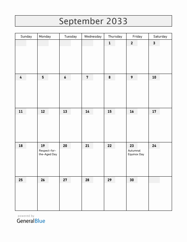 Japan September 2033 Calendar with Holidays