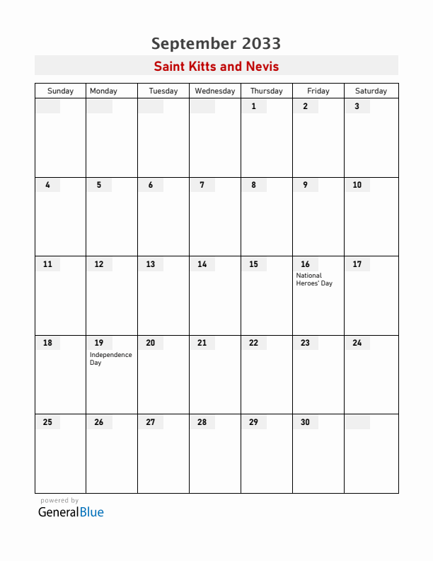 Saint Kitts and Nevis September 2033 Calendar with Holidays