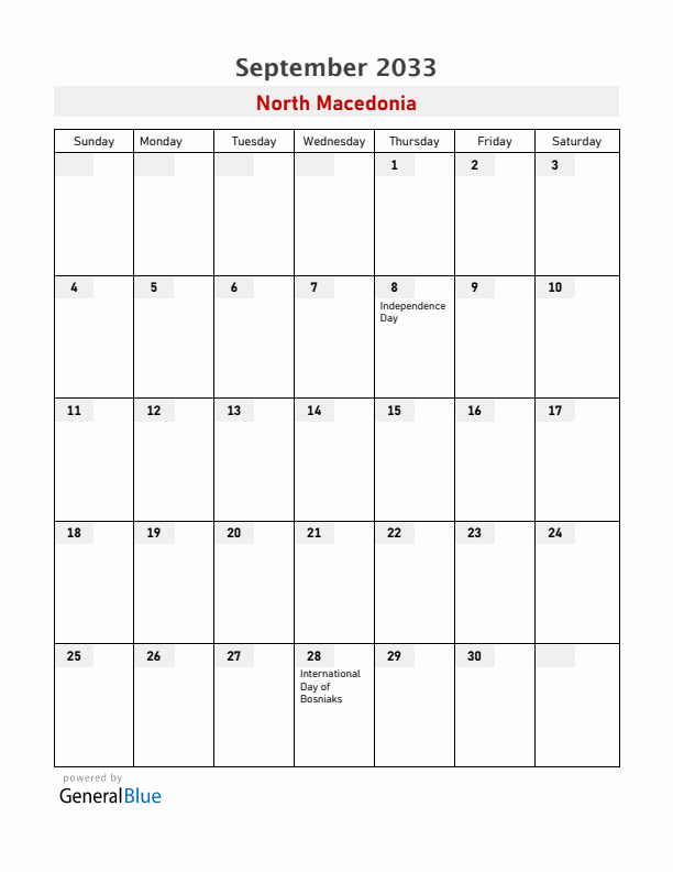 North Macedonia September 2033 Calendar with Holidays