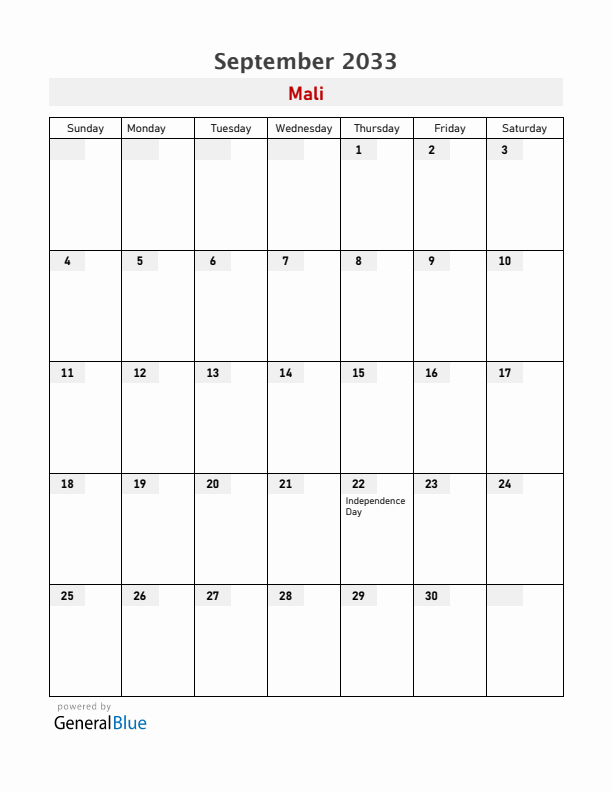 Mali September 2033 Calendar with Holidays
