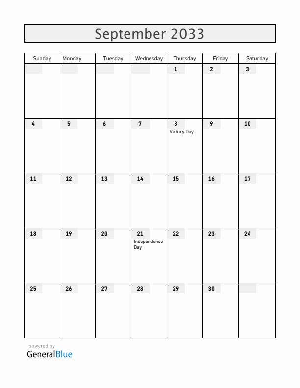 Malta September 2033 Calendar with Holidays