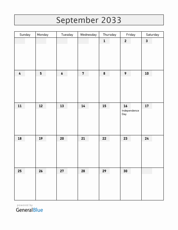 Mexico September 2033 Calendar with Holidays
