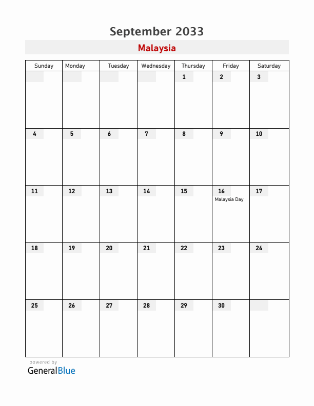 Malaysia September 2033 Calendar with Holidays