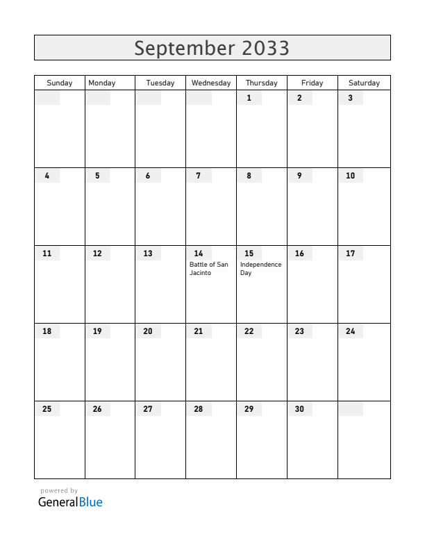 Nicaragua September 2033 Calendar with Holidays
