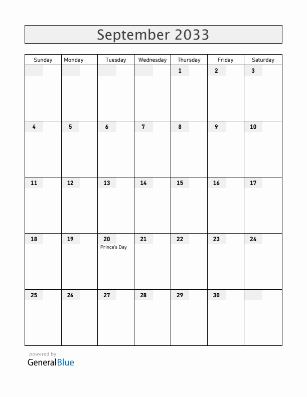 The Netherlands September 2033 Calendar with Holidays