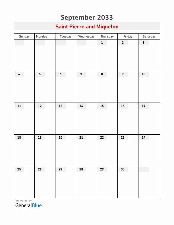 Saint Pierre and Miquelon September 2033 Calendar with Holidays