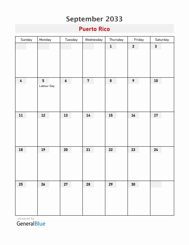 Puerto Rico September 2033 Calendar with Holidays