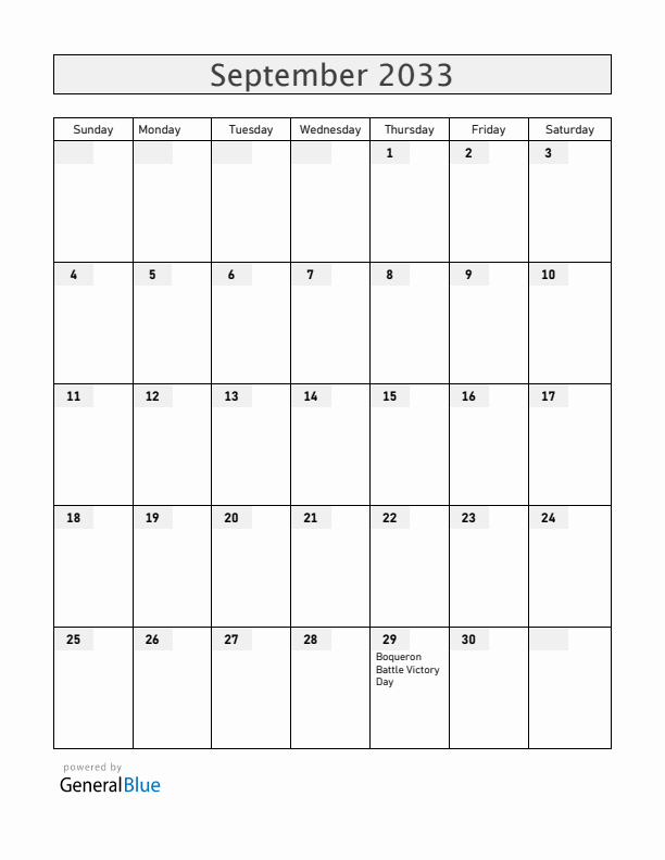 Paraguay September 2033 Calendar with Holidays