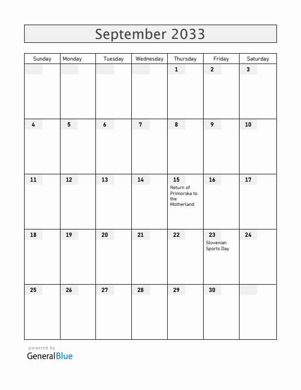 Slovenia September 2033 Calendar with Holidays