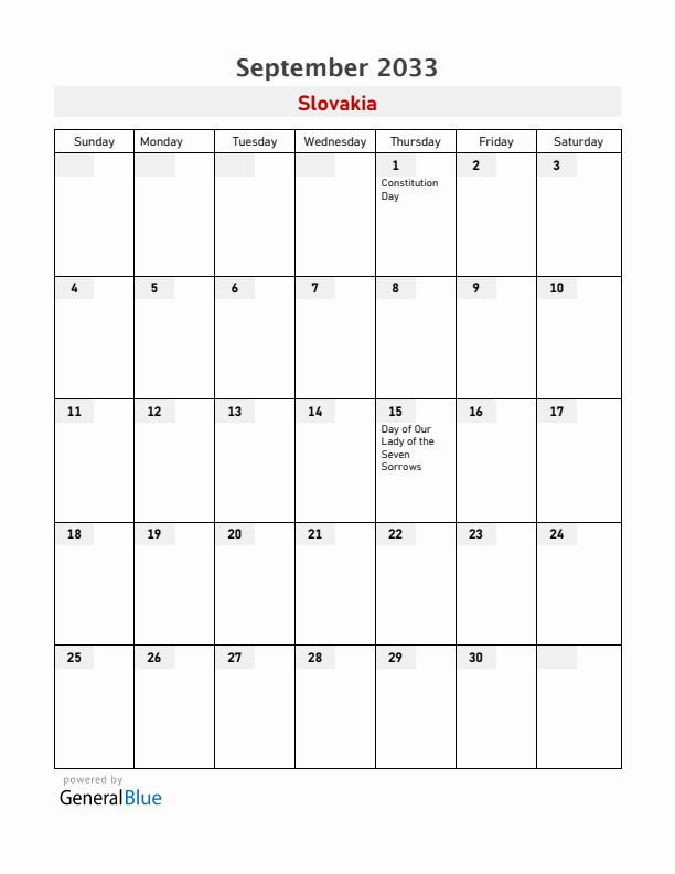 Slovakia September 2033 Calendar with Holidays