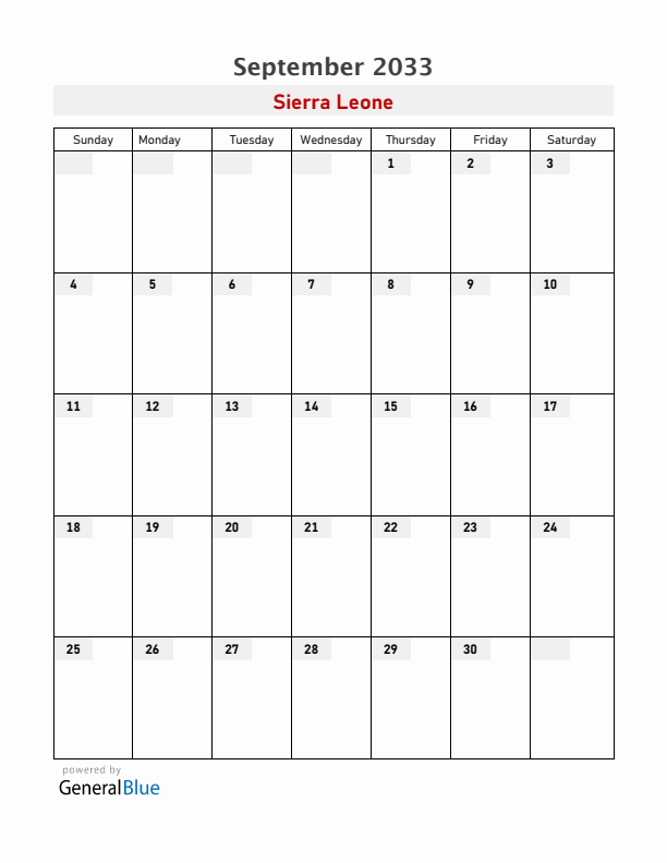 Sierra Leone September 2033 Calendar with Holidays