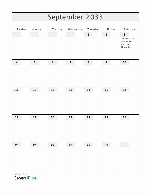 San Marino September 2033 Calendar with Holidays