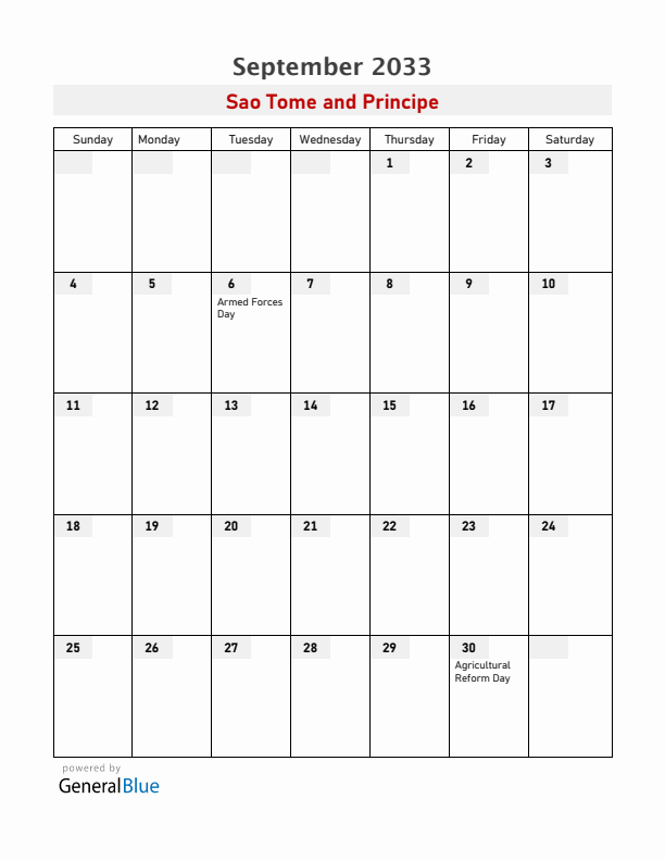 Sao Tome and Principe September 2033 Calendar with Holidays