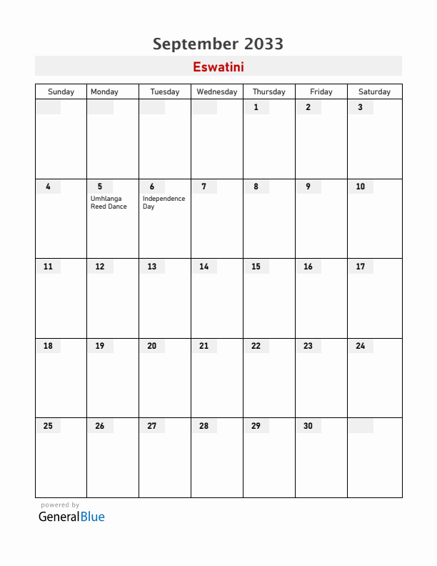 Eswatini September 2033 Calendar with Holidays
