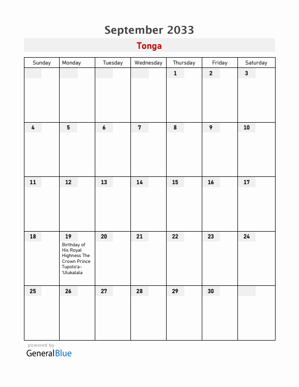 Tonga September 2033 Calendar with Holidays