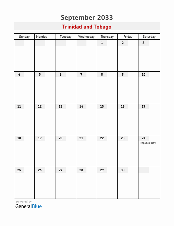 Trinidad and Tobago September 2033 Calendar with Holidays