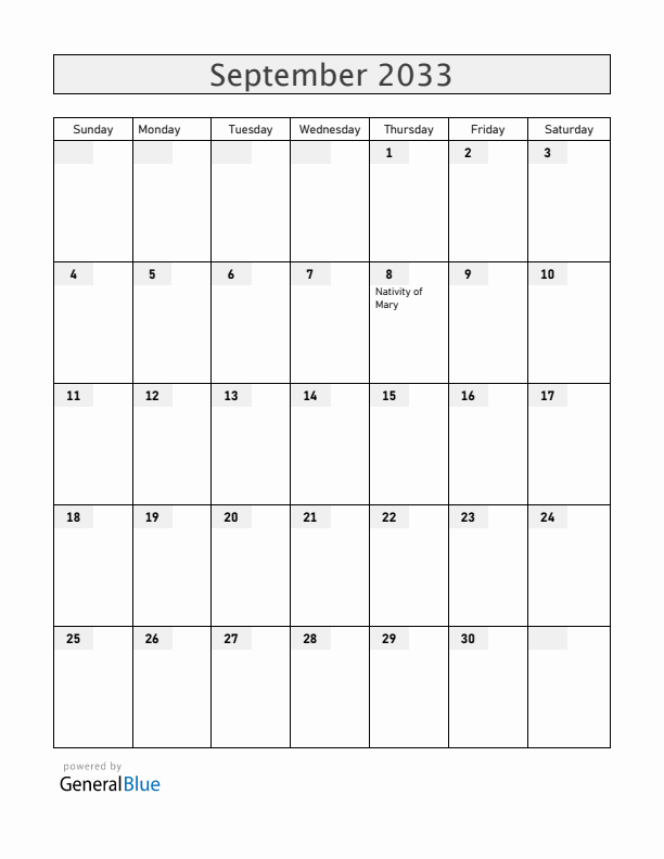 Vatican September 2033 Calendar with Holidays