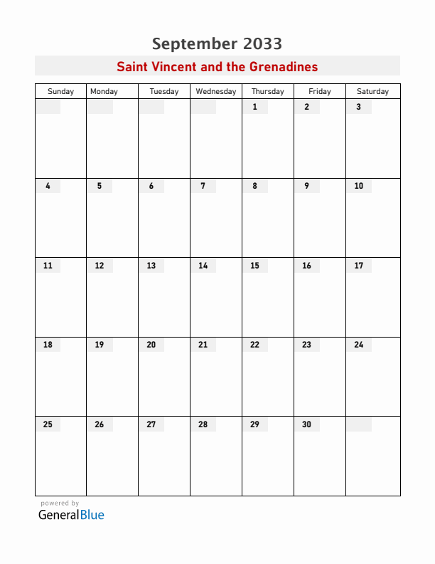 Saint Vincent and the Grenadines September 2033 Calendar with Holidays