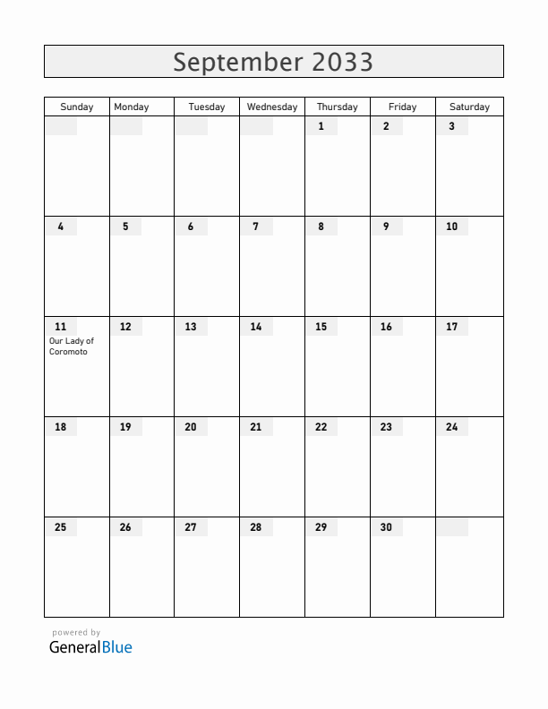Venezuela September 2033 Calendar with Holidays