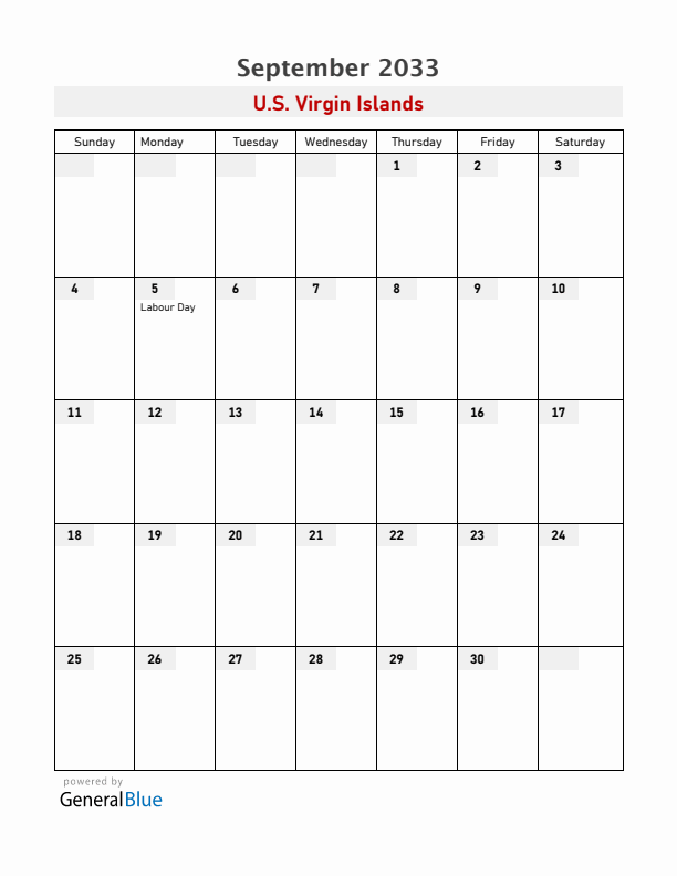 U.S. Virgin Islands September 2033 Calendar with Holidays